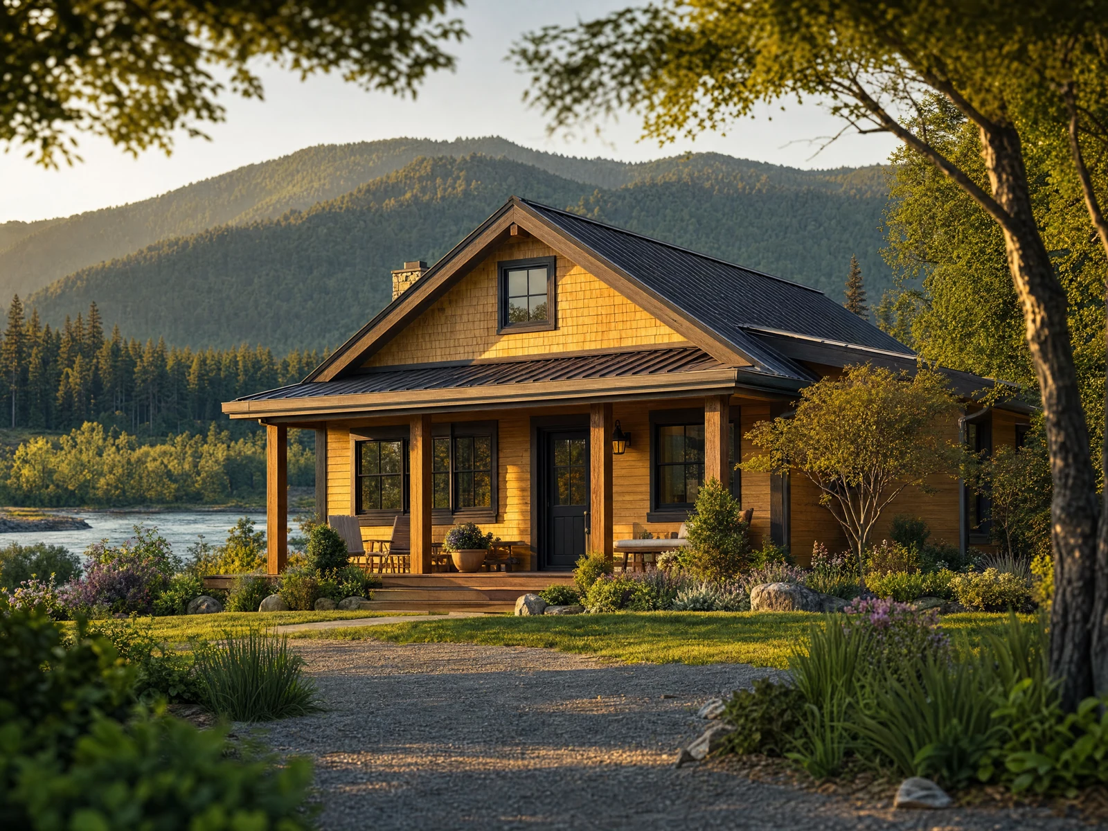 Illustrative timber cottage in warm late afternoon light